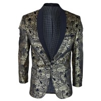 TruClothing Men's Velvet Paisley Blazer Black Gold Silver